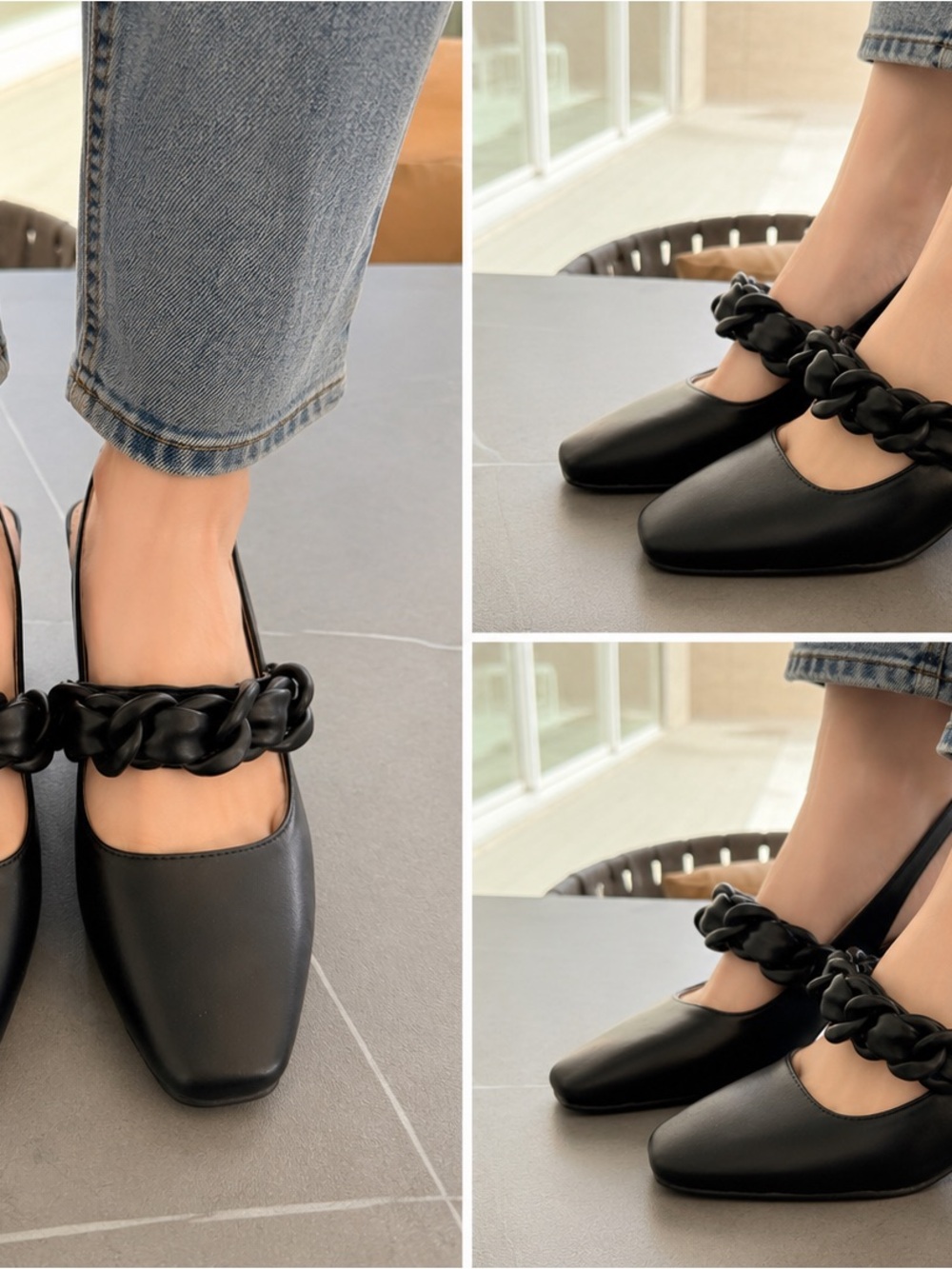 Black Chain-Strap Square-Toe Flats for Women